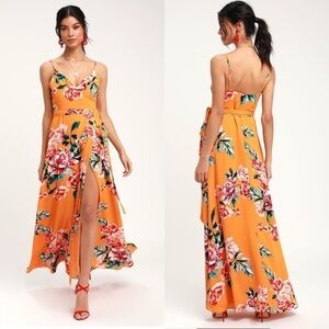 New Lulus Sz XS Floral Flirtation Orange Floral Print Wrap Maxi Dress